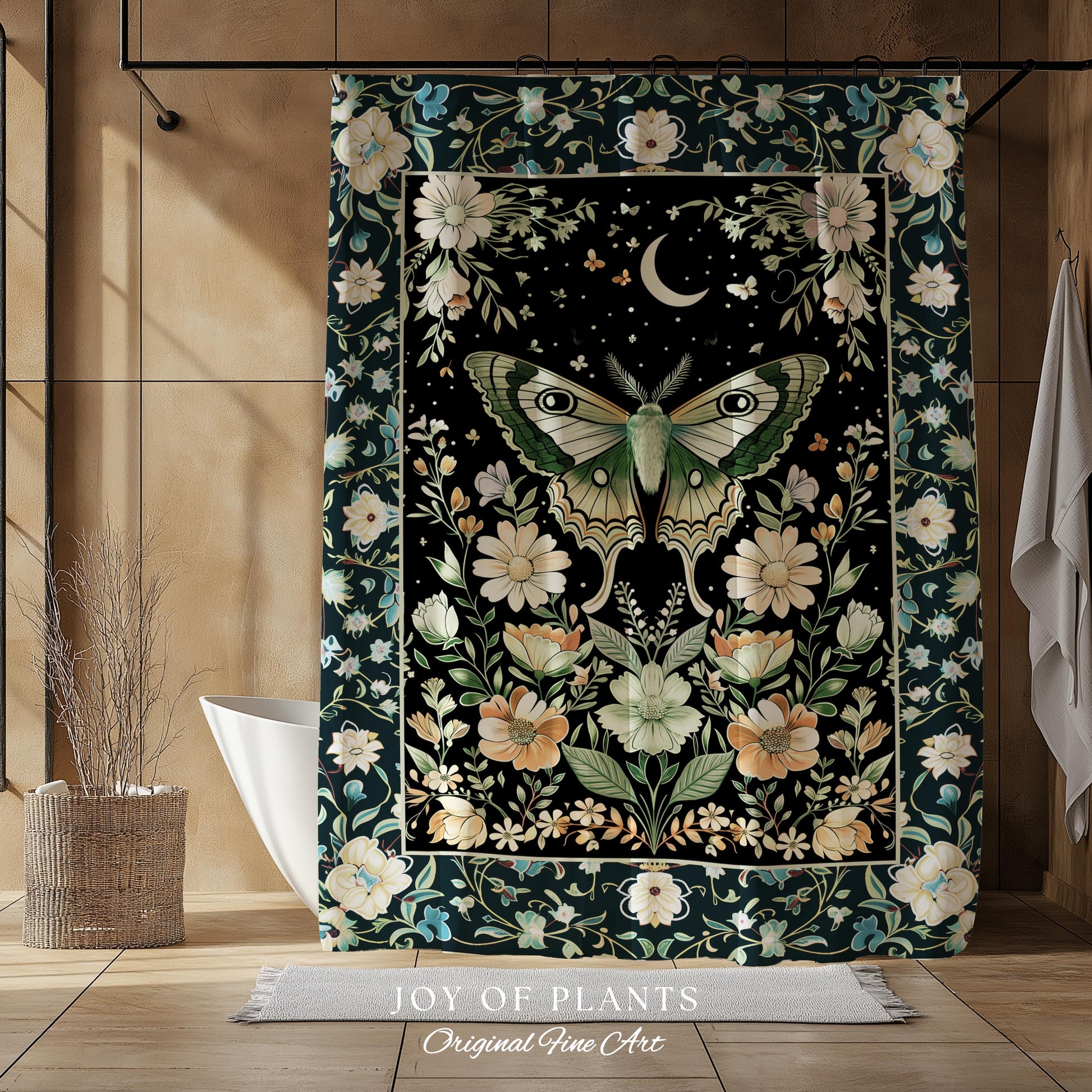 Luna Moth Folklore Aesthetic Shower Curtain | Whimsigoth Eclectic Maximalist Bathroom Accent Cottagecore Dreamy Forestcore Antique Green |