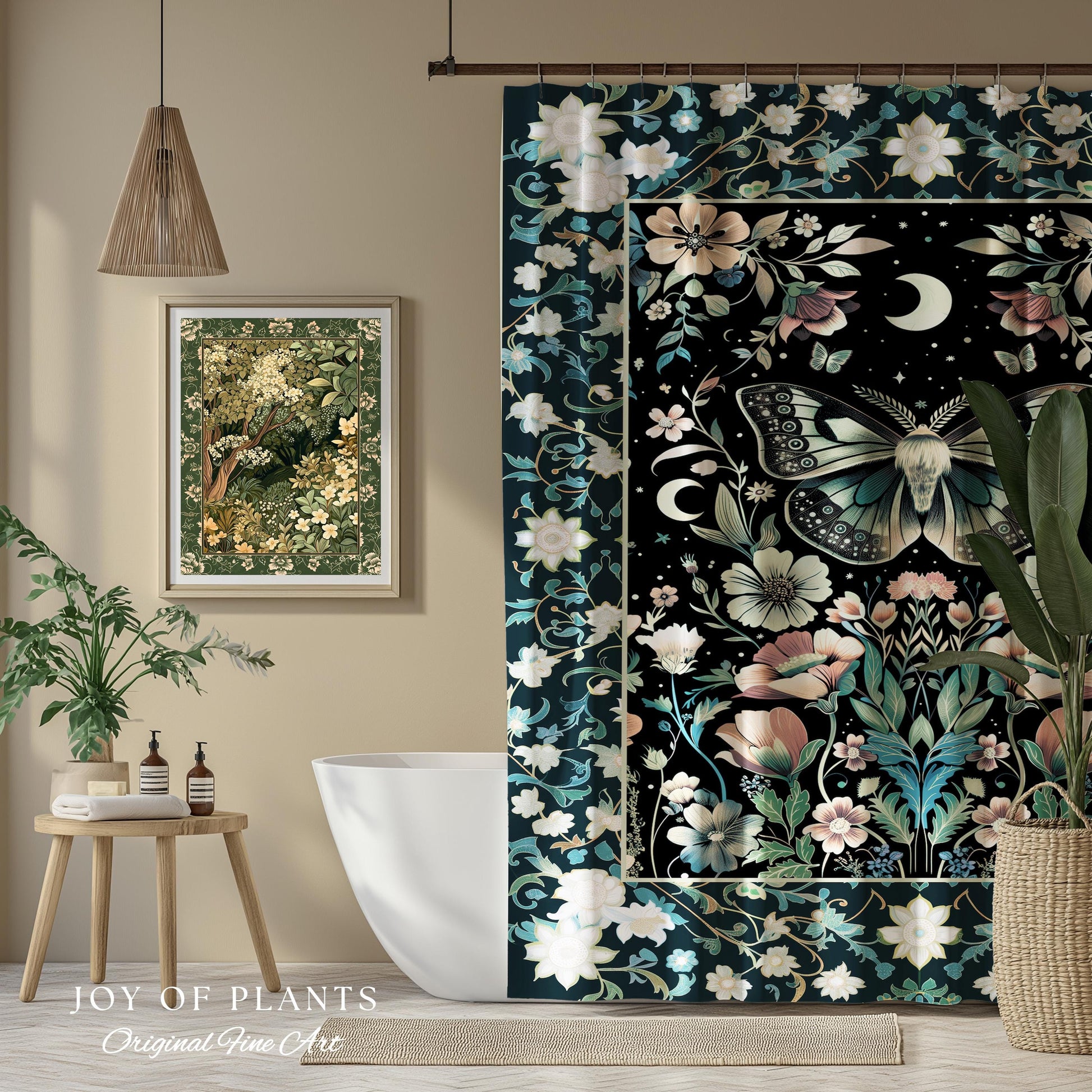 Celestial Butterfly Floral Shower Curtain Whimsical Moonlit Garden Whimsigothic Decor, Ethereal Cottagecore Botanical Moth Bathroom Accent |