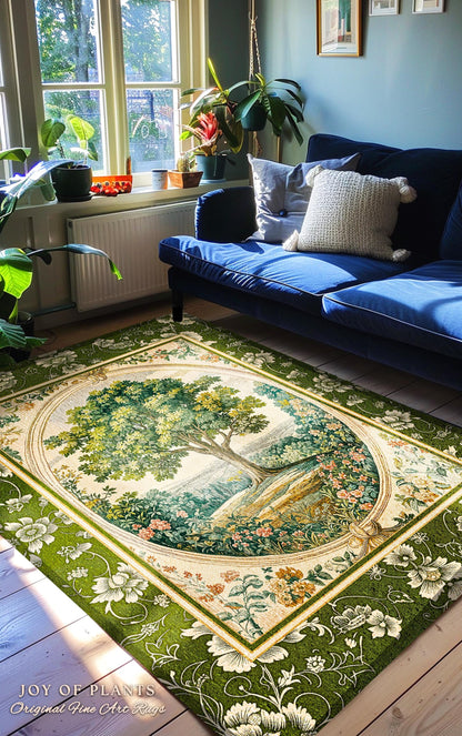 Victorian Soft Aesthetic Tree of Life Rug | Romantic Botanical Regency Decor Floral Enchanted Forest Accent Green Tones Cottagecore Theme