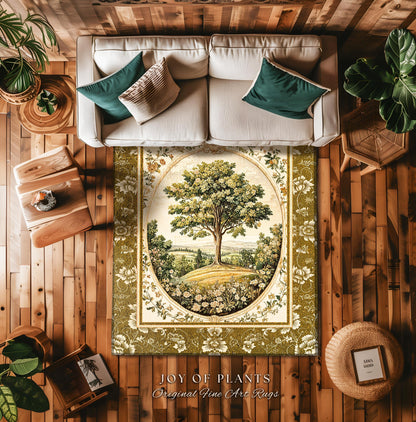 French Countryside Botanical Tree Rug | Victorian Garden Accent Romantic Country Decor Floral Pastoral Scene Antique Style Cottage Aesthetic