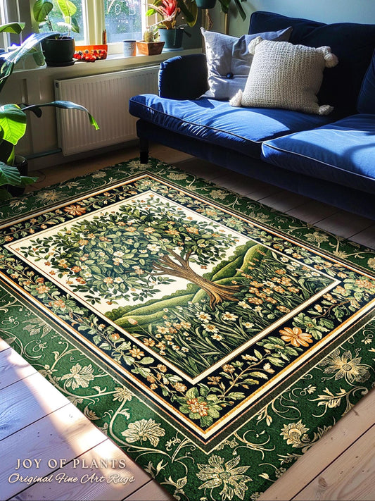 Emerald Green Floral Tree of Life Rug | Botanical Forestcore Folklore Vintage Floral Enchanted Cozy Cottagecore Whimsical Natural Aesthetic
