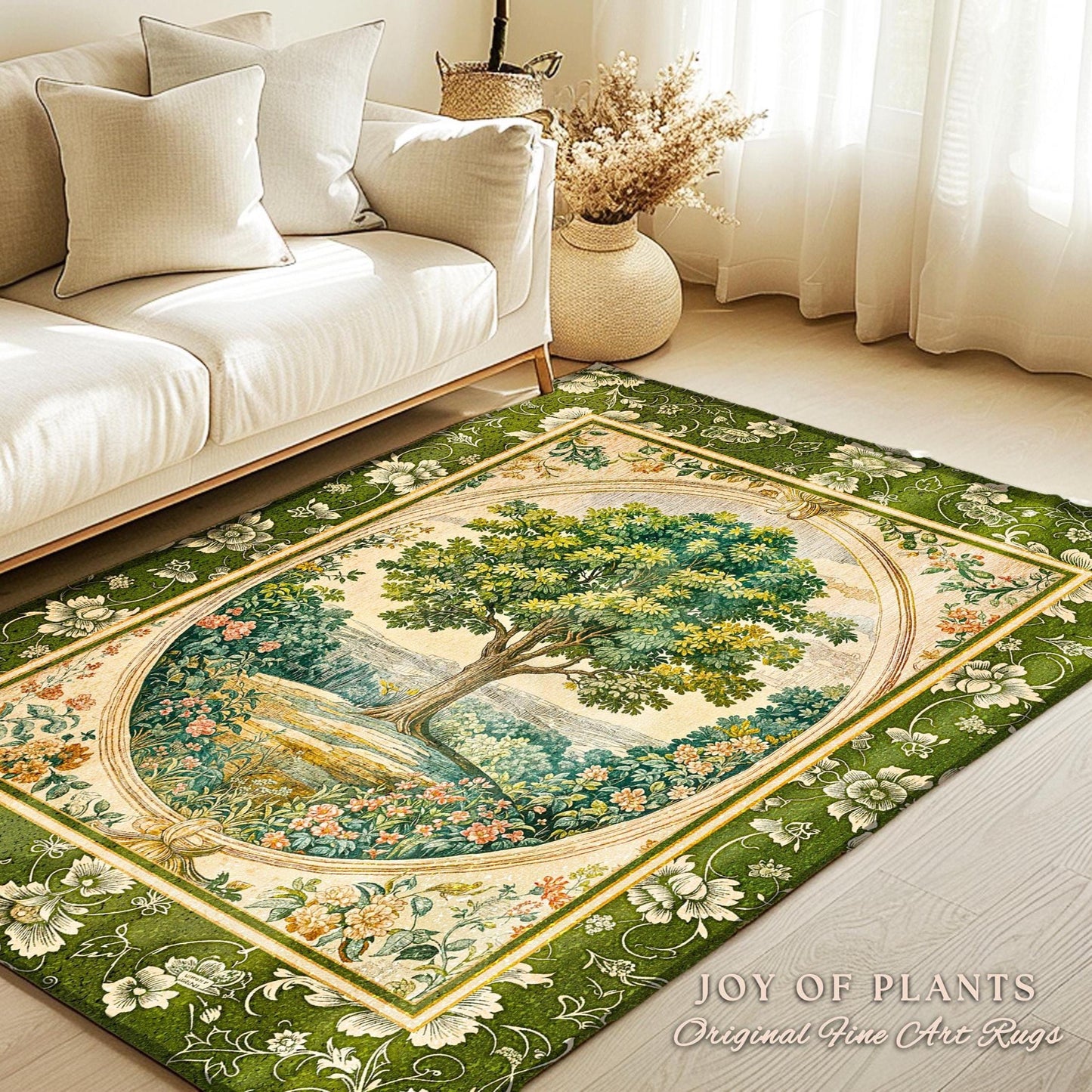 Victorian Soft Aesthetic Tree of Life Rug | Romantic Botanical Regency Decor Floral Enchanted Forest Accent Green Tones Cottagecore Theme