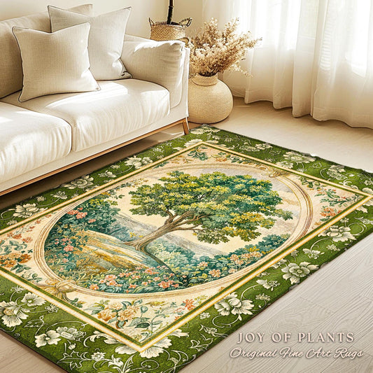 Victorian Soft Aesthetic Tree of Life Rug | Romantic Botanical Regency Decor Floral Enchanted Forest Accent Green Tones Cottagecore Theme