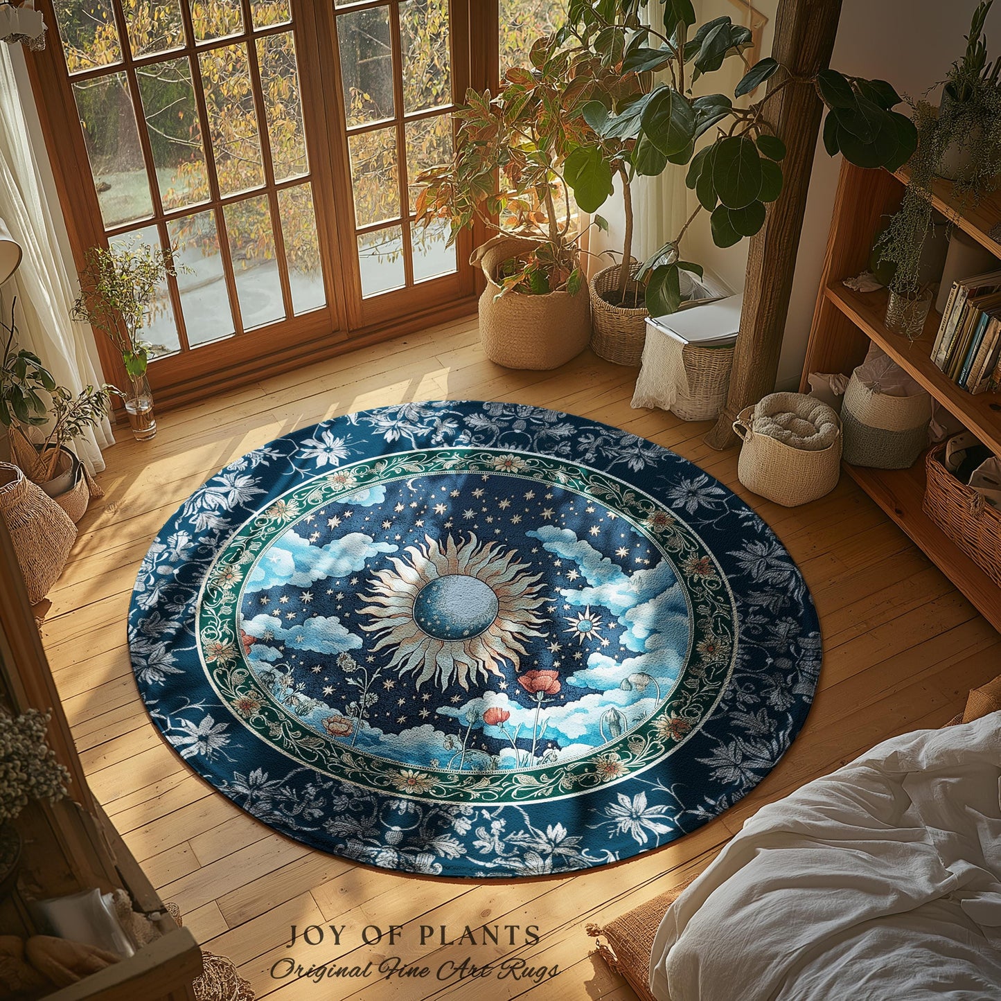 Retro Astrology Round Area Rug | Whimsigothic Bedroom Maximalist Hippie Aesthetic Floral Home Accent Rug Psychedelic Cottagecore Ethereal |