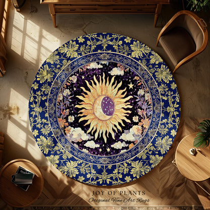 Cosmic Whimsy Fairycore Area Rug | Ethereal Sun Aesthetic Celestial Bedroom Accent Floral Tarot Theme Sun and Moon Colorful Maximalist Decor
