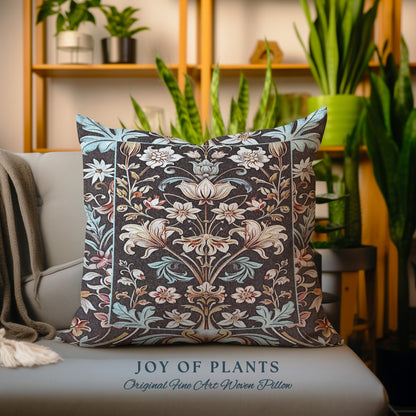 Whimsical Art Nouveau Floral Pillow Victorian Whimsigothic Botanical, Vintage Academia Decor William Morris Inspired Elegant Woven Cushion |