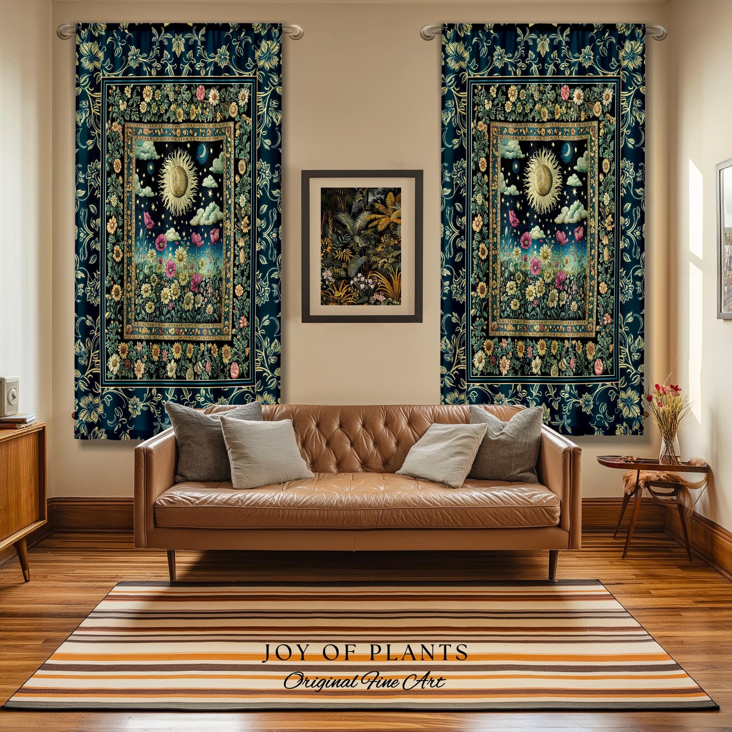 Floral Gothic Celestial Curtain | Witchy Tarot Sun Moon Stars Spiritual Tarot Decor Bohemian Indie Bedroom Drapes Cozy Cottagecore Aesthetic