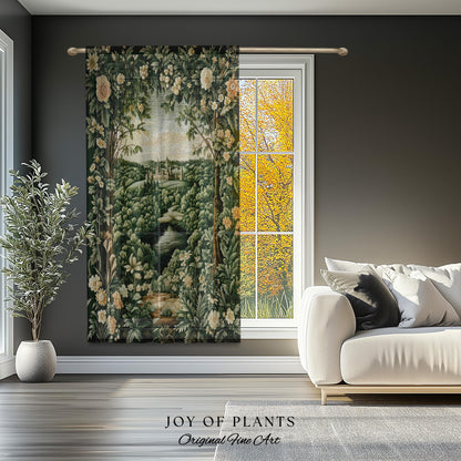 Castle Landscape Botanical Curtains | Fairytale Aesthetic Mystic Garden Drapes Fairycore Woodland Nature Princesscore Blackout Panel Floral