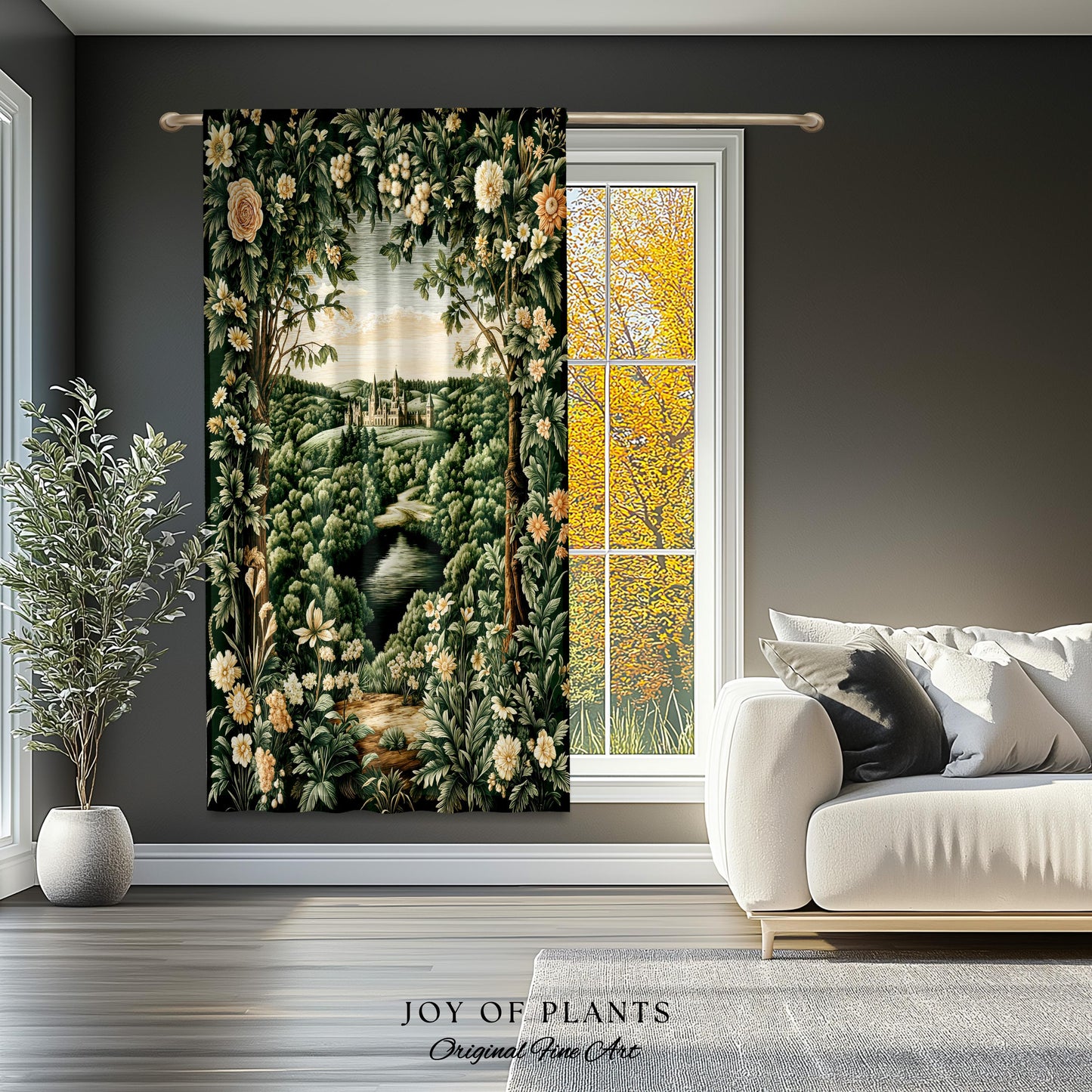Castle Landscape Botanical Curtains | Fairytale Aesthetic Mystic Garden Drapes Fairycore Woodland Nature Princesscore Blackout Panel Floral