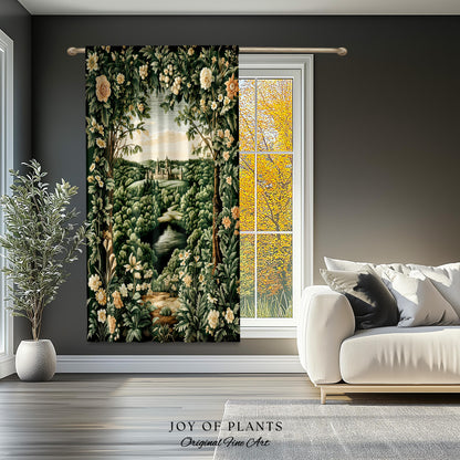 Castle Landscape Botanical Curtains | Fairytale Aesthetic Mystic Garden Drapes Fairycore Woodland Nature Princesscore Blackout Panel Floral