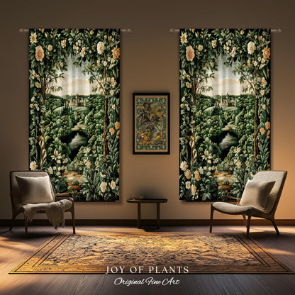 Castle Landscape Botanical Curtains | Fairytale Aesthetic Mystic Garden Drapes Fairycore Woodland Nature Princesscore Blackout Panel Floral