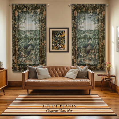Castle Landscape Botanical Curtains | Fairytale Aesthetic Mystic Garden Drapes Fairycore Woodland Nature Princesscore Blackout Panel Floral