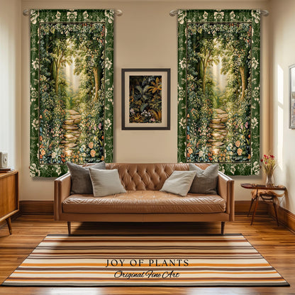 Mystic Garden Fairytale Landscape Curtain | Fairycore Woodland Nature Lover Aesthetic Cozy Earthy Bedroom Decor Whimsical Floral Drapes |