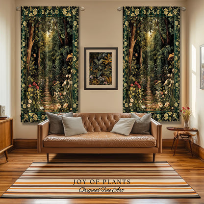 Botanical Bedroom Curtain Fairycore | Woodland Mushroom Aesthetic Nature Lover Bookish Style Mushroom Drapes Fairy Core Emerald Green Decor