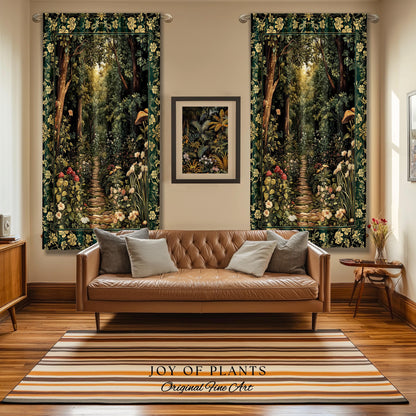 Botanical Bedroom Curtain Fairycore | Woodland Mushroom Aesthetic Nature Lover Bookish Style Mushroom Drapes Fairy Core Emerald Green Decor