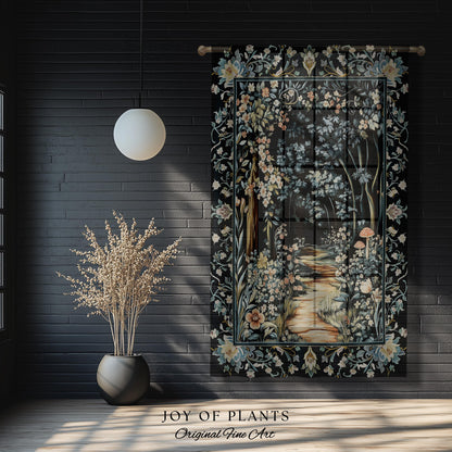 Dreamy Forest Landscape Botanical Curtain | Misty Forest Dark Cottagecore Aesthetic Fairycore Blackout Drapes Magical Jungle Decor Floral |