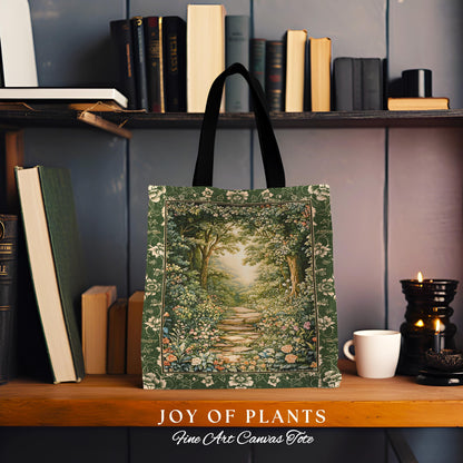Mystic Garden Fairytale Landscape Tapestry Tote | Fairycore Woodland Nature Lover Book Nook Bag Cozy Earthy Aesthetic Whimsical Botanical |