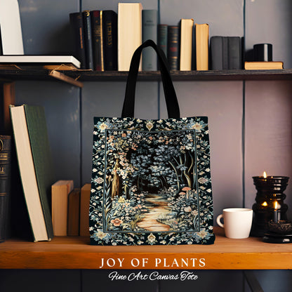 Dreamy Forest Landscape Botanical Tote | Misty Forest Dark Cottagecore Aesthetic Fairycore Bookish Woven Tapestry Bag Magical Jungle Decor |