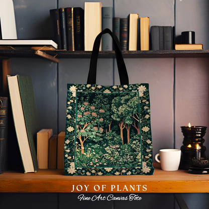 Dark Woodland Whimsical Forest Tote Bag | Whimsigothic Folklore Inspired Style Ethereal Aesthetic Woven Tapestry Bag Fairycore Wildflowers