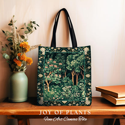 Dark Woodland Whimsical Forest Tote Bag | Whimsigothic Folklore Inspired Style Ethereal Aesthetic Woven Tapestry Bag Fairycore Wildflowers