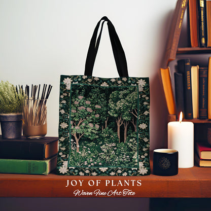 Dark Woodland Whimsical Forest Tote Bag | Whimsigothic Folklore Inspired Style Ethereal Aesthetic Woven Tapestry Bag Fairycore Wildflowers