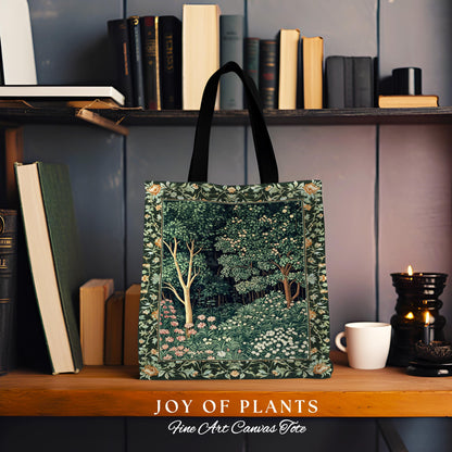 Medieval Forest Botanical Tote Bag | Woodland Botanical Emerald Green Vintage Aesthetic Mystic Bookish Woven Bag Magical Fairycore Theme |