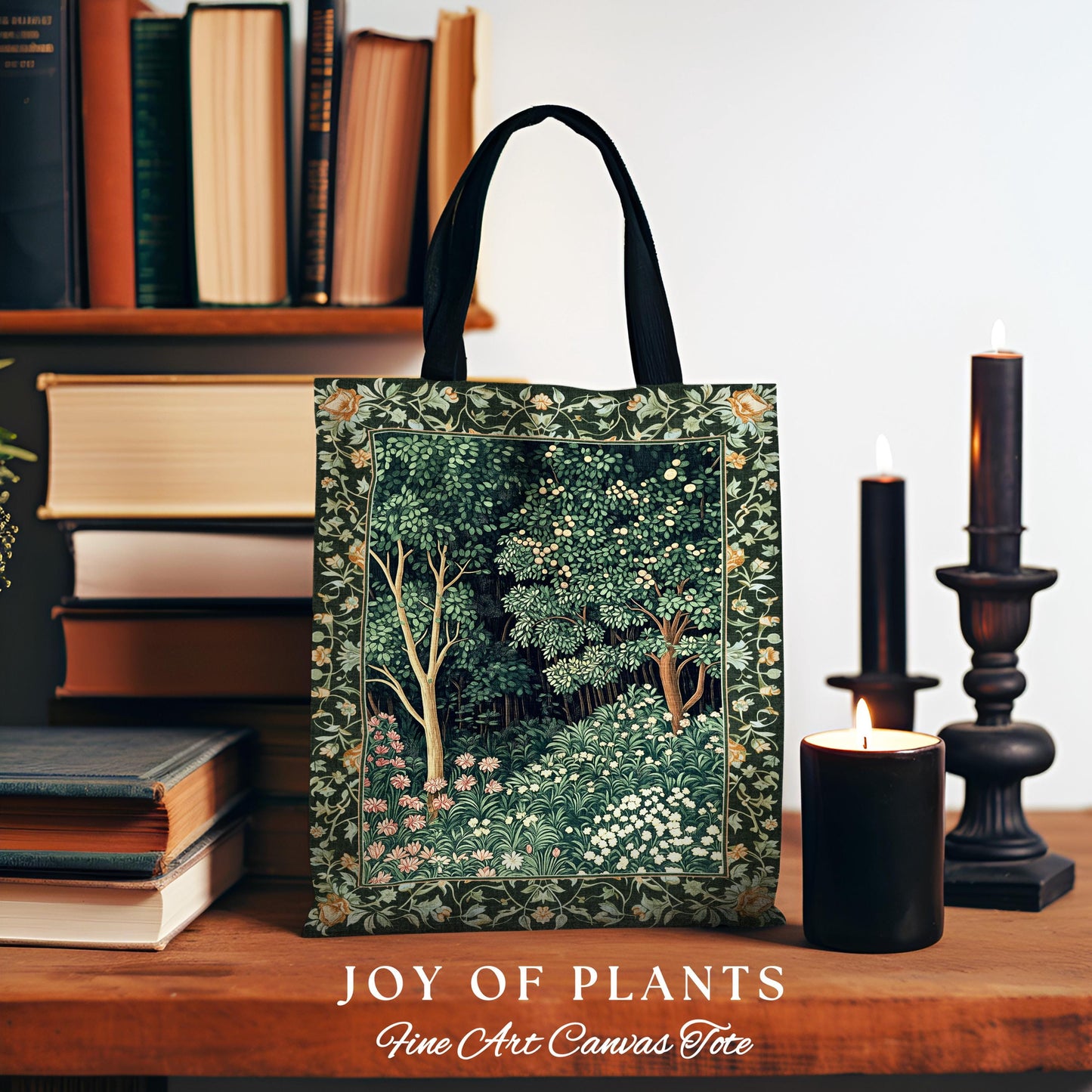 Medieval Forest Botanical Tote Bag | Woodland Botanical Emerald Green Vintage Aesthetic Mystic Bookish Woven Bag Magical Fairycore Theme |