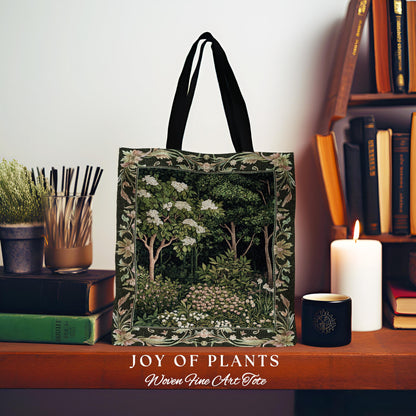 Emerald Green Medieval Tree Tapestry Tote | Magical Woodland Cottagecore Aesthetic Nature Lover Bookish Bag Olive Green Style Bohemian Cute