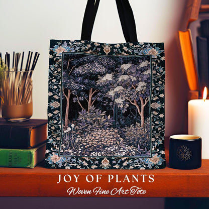 Fairycore Aesthetic Botanical Tapestry Tote Dark Academia Lavender Purple Nature Inspired Ethereal Woodland Wildflowers Enchanted Book Bag