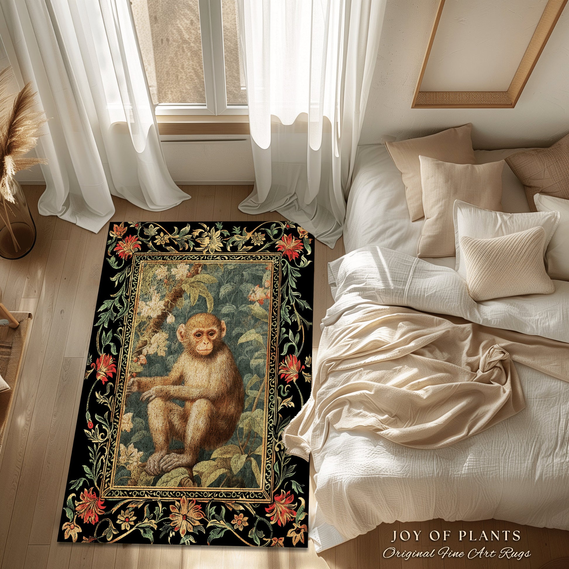 May include: A black rug with a floral border and a central image of a monkey sitting in a jungle scene. The rug is on a wooden floor and a bed with white and beige linens is in the background. The rug has the text &#39;JOY OF PLANTS Original Fine Art Rugs&#39; at the bottom.