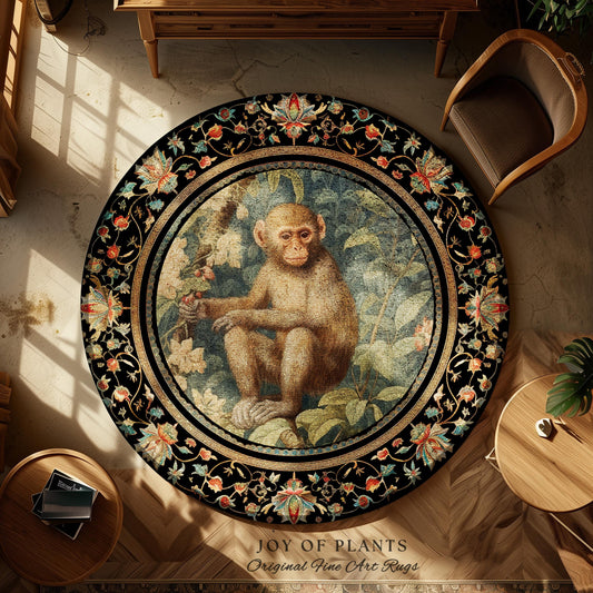 Light Academia Round Monkey Rug Mystical Aesthetic | Pastel Floral Accent Botanical Woodland Decor William Morris Inspired Cottagecore Room