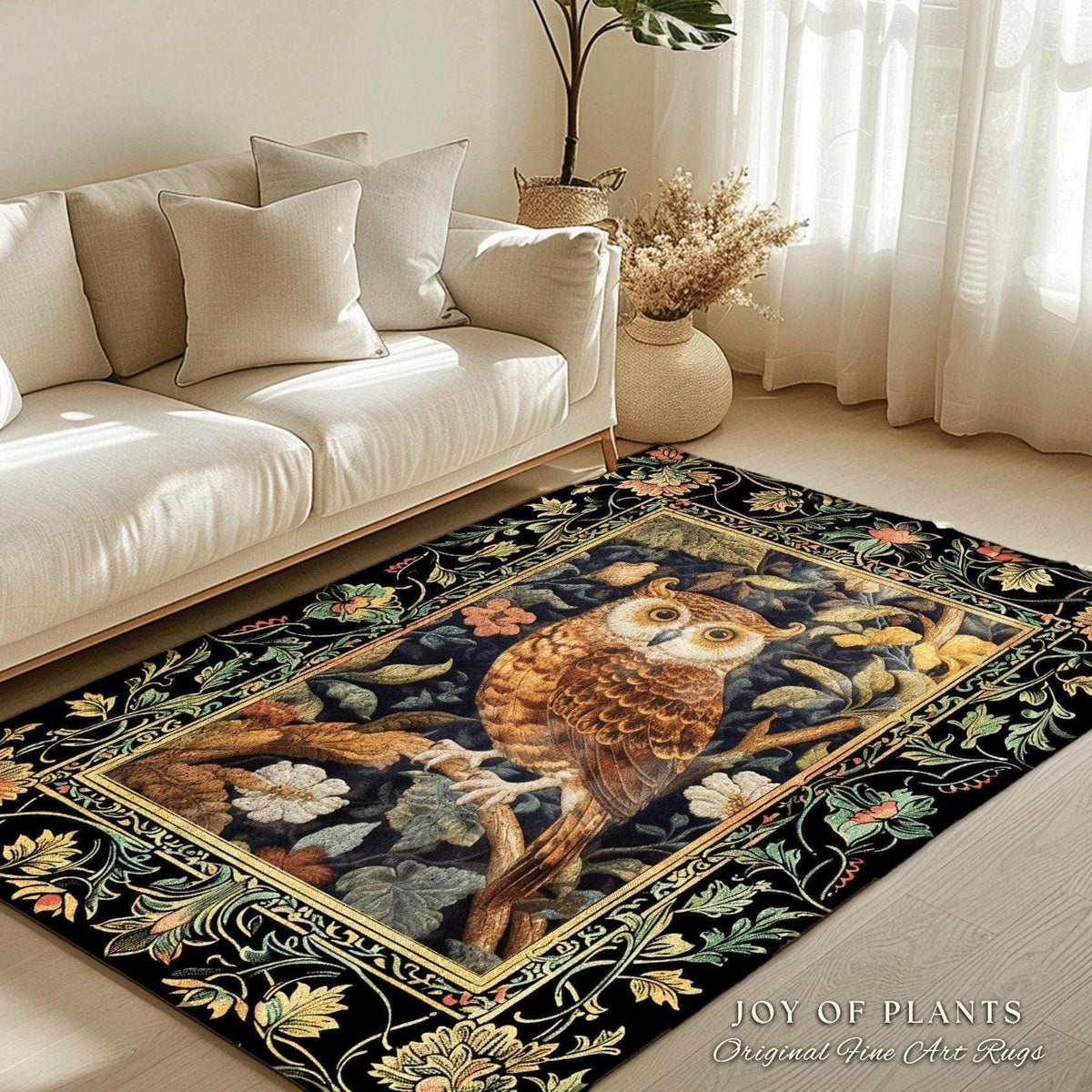 Whimsigoth Owl Area Rug | Ethereal Book Nook Decor William Morris Inspired Gift for Reader Whimsical Room Soft Aesthetic Dark Academia Style