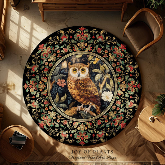 Whimsical Floral Round Owl Rug Ethereal Woodland Book Nook Decor Morris Inspired, Soft Cottagecore Academia Style Forestcore Whimsy Owl Rug