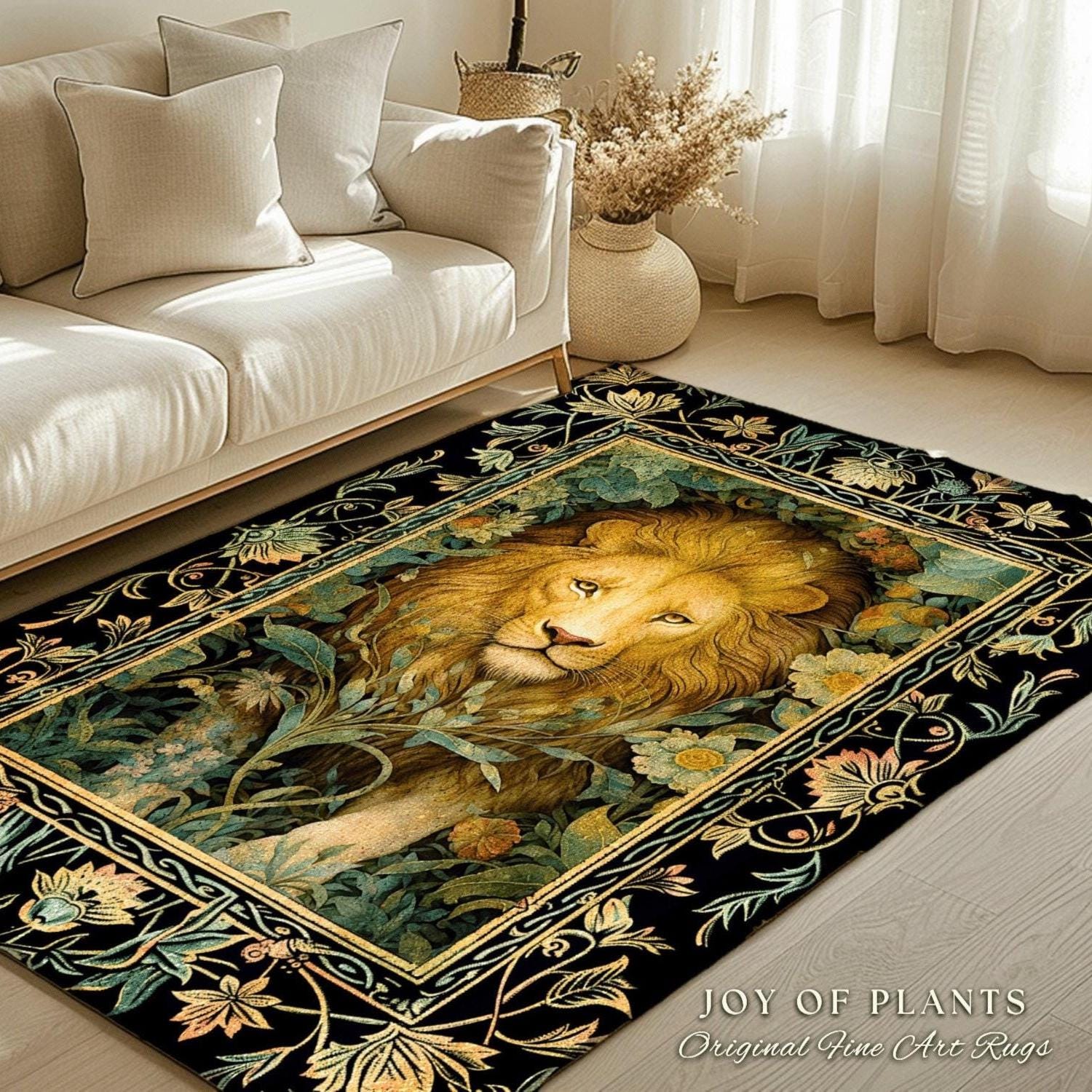 Dark Jungle Lion Botanical Rug Dark Academia Decor | King of the Jungle Morris Inspired Dark Cottagecore Floral Decor Gift for Lion Lovers