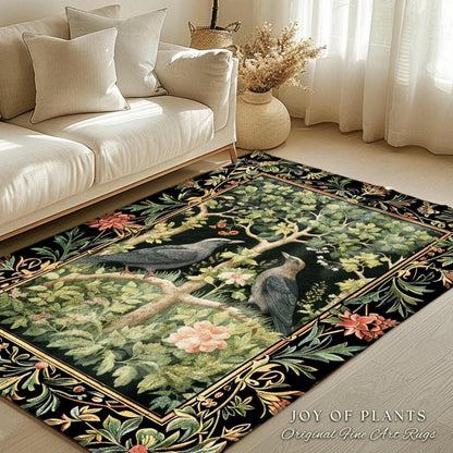 Whimsical Forestcore Raven Rug Eclectic Bedroom Decor Morris Inspired Cottagecore, Dark Academia Mystical Crowcore Woodland Forest Crow Rug