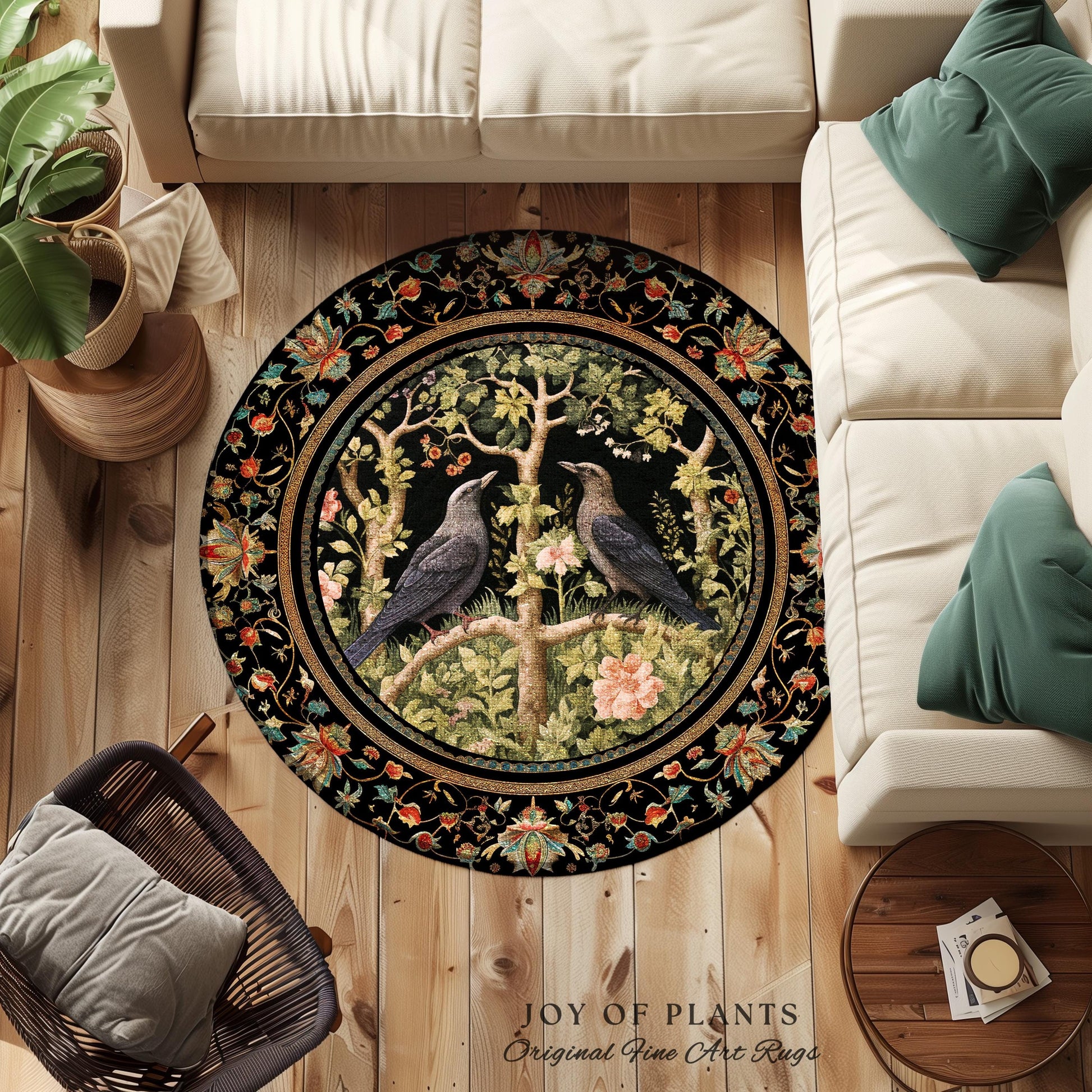 Woodland Forest Round Crow Rug, Eclectic Bedroom Decor Morris Inspired Cottagecore Room Soft Academia Style Rug Mystical Forest Crowcore Art