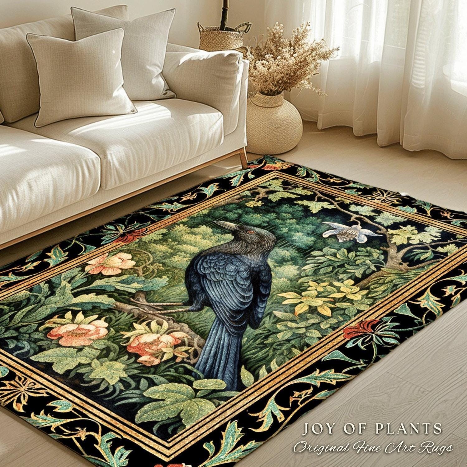 Botanical Forestcore Round Raven Rug Witchy Bedroom Crow Decor Morris Inspired Cottagecore, Dark Academia Mystical Woodland Crowcore Art