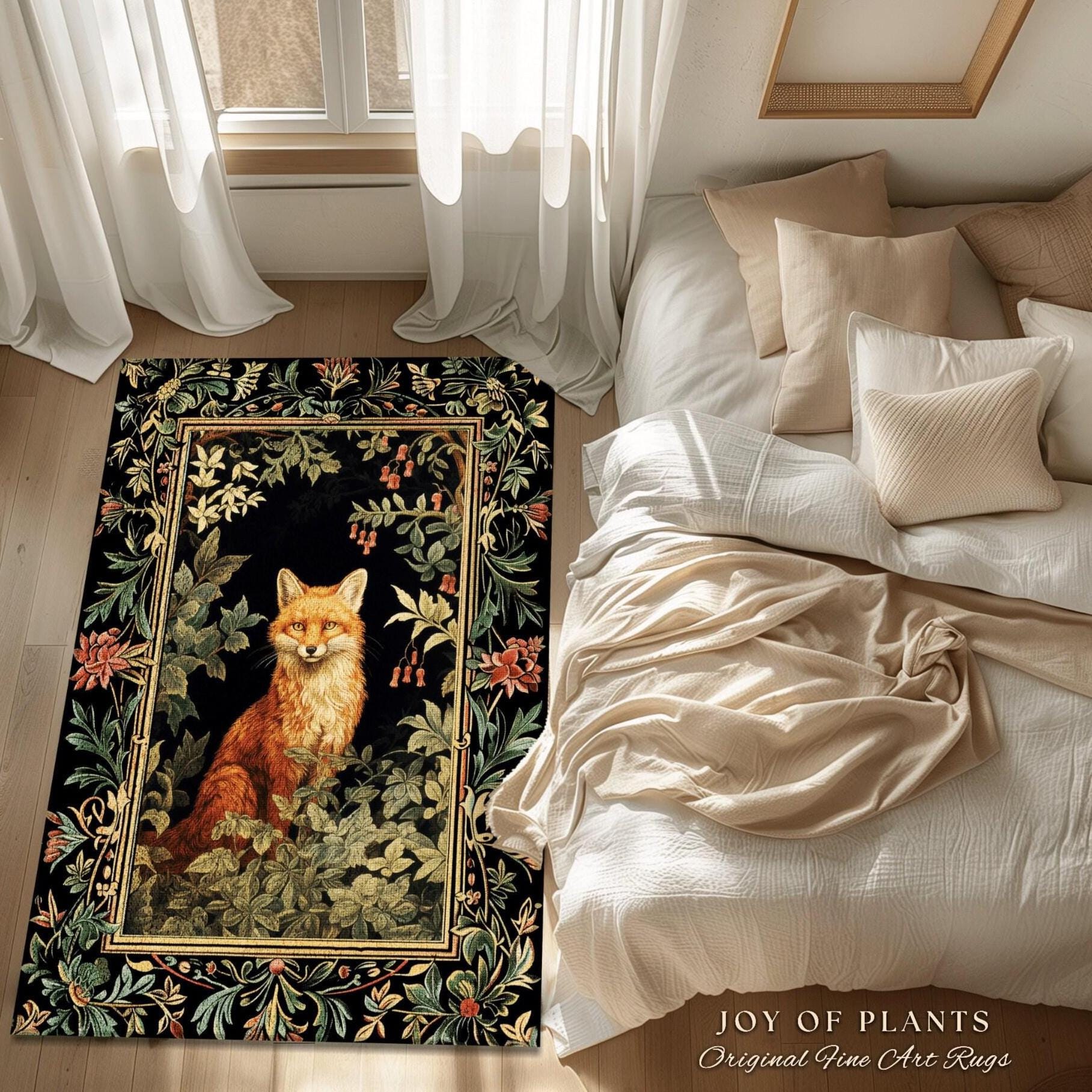 Folklore Fox Rug Botanical | Woodland Nature Bedroom Decor William Morris Inspired Cottagecore Room Soft Aesthetic Dark Academia Style Rug |