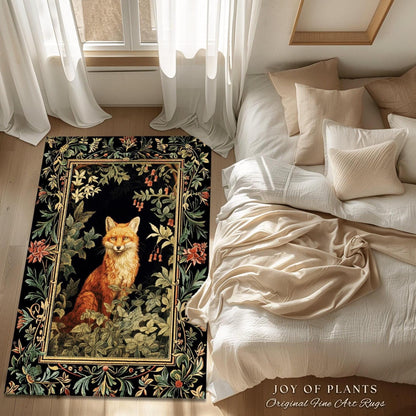 Folklore Fox Rug Botanical | Woodland Nature Bedroom Decor William Morris Inspired Cottagecore Room Soft Aesthetic Dark Academia Style Rug |