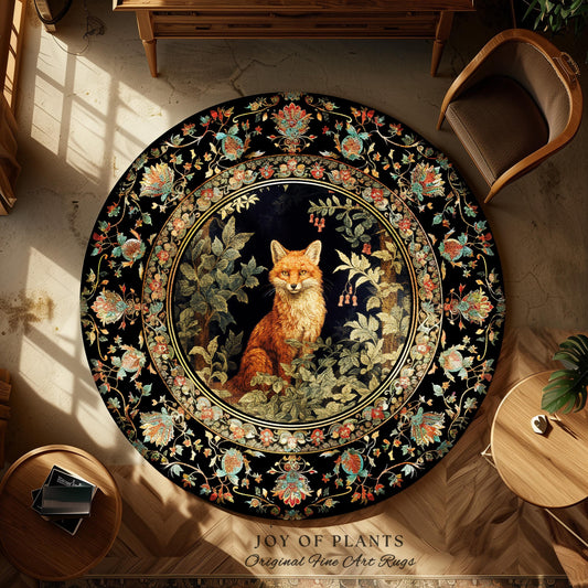 Woodland Whimsical Round Fox Rug Botanical Nature Bedroom Decor Morris Inspired Cottagecore, Soft Forestcore Dark Academia Folklore Fox Rug