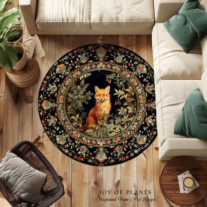 Woodland Whimsical Round Fox Rug Botanical Nature Bedroom Decor Morris Inspired Cottagecore, Soft Forestcore Dark Academia Folklore Fox Rug