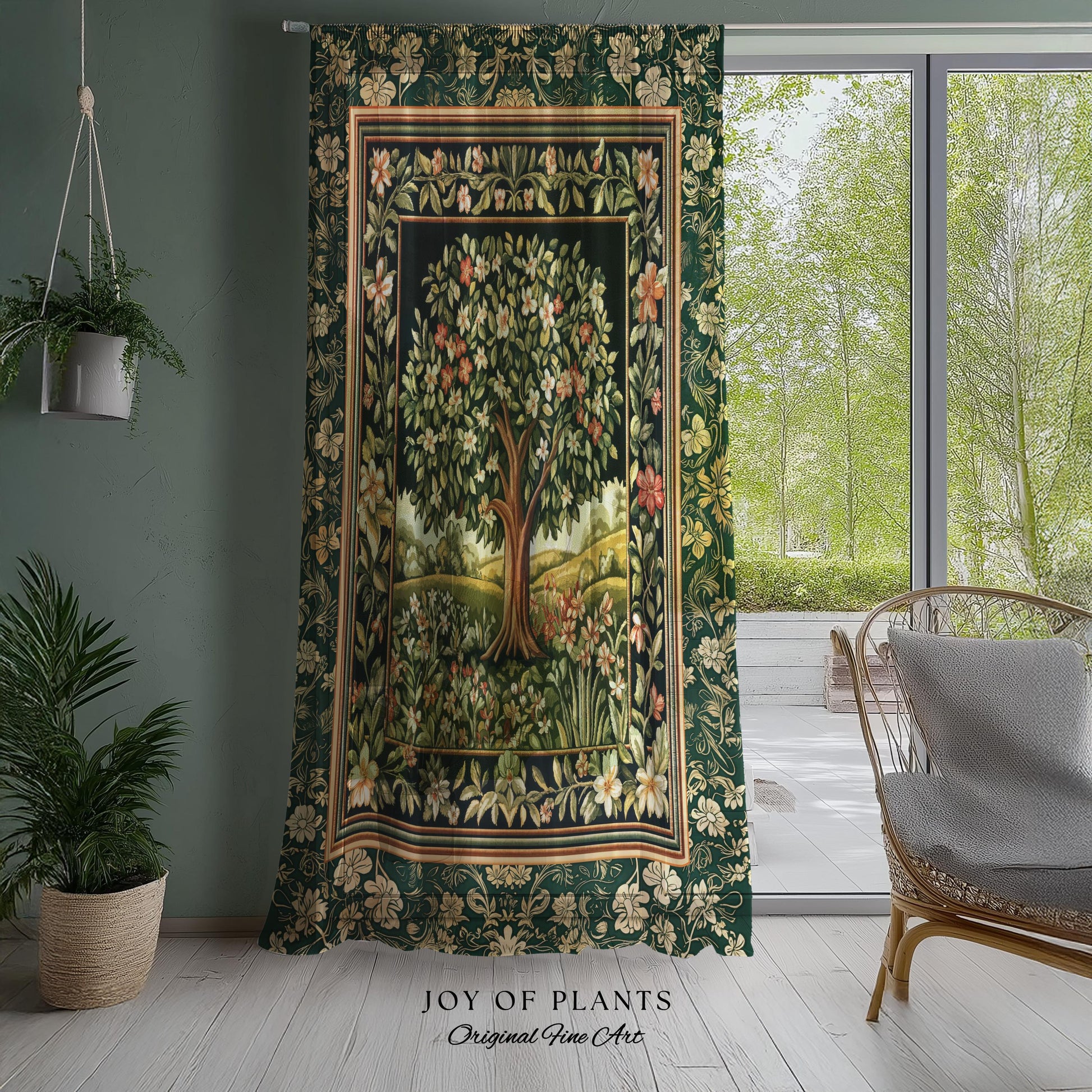 Botanical Tree of Life Curtain | Ornate Floral Heritage Decor Vintage Nature Aesthetic Cottagecore Fairycore Bedroom Woodland Inspired Cozy