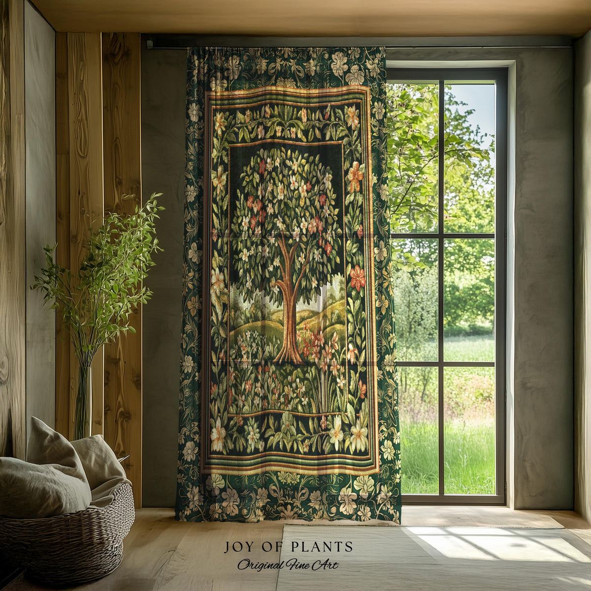Botanical Tree of Life Curtain | Ornate Floral Heritage Decor Vintage Nature Aesthetic Cottagecore Fairycore Bedroom Woodland Inspired Cozy