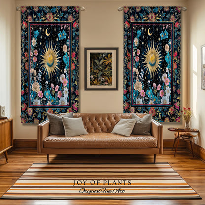 Celestial Sun Rustic Curtains | Eclectic Bedroom Accent Wildflowers Drapes Cosmic Astrology Aesthetic Psychedelic Tarot Inspired Home Decor