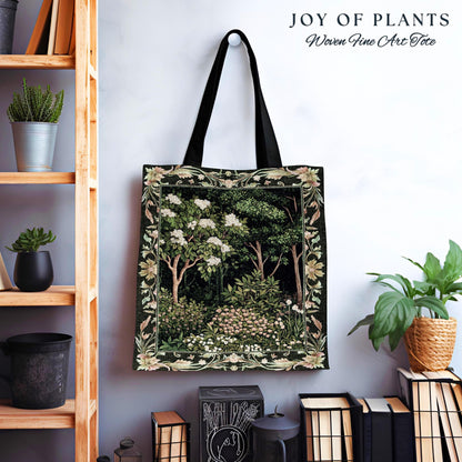 Emerald Green Medieval Tree Tapestry Tote | Magical Woodland Cottagecore Aesthetic Nature Lover Bookish Bag Olive Green Style Bohemian Cute