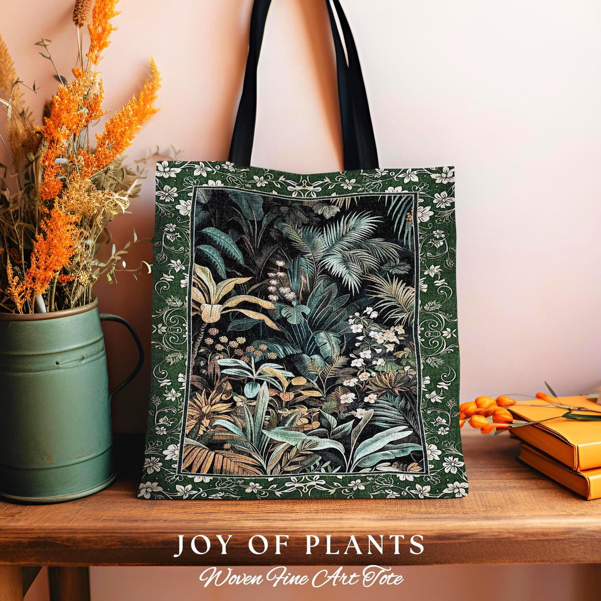 Jungle Leaves Botanical Woven Tote | Tropical Jungle Nature Lover Book Bag Cozy Plant Lover Boho Aesthetic Style Elegant Tapestry Bag Green