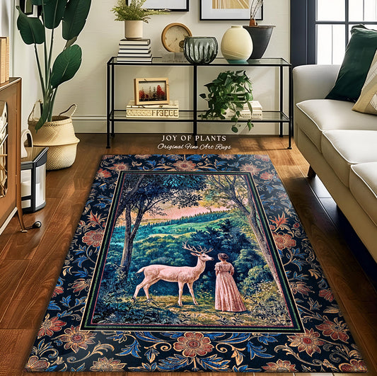 May include: A blue and gold tapestry rug with a floral border. The center of the rug depicts a woman in a white dress standing in a forest with a white deer. The rug has the text &#39;JOY OF PLANTS Original Fine Art Rugs&#39; at the top.