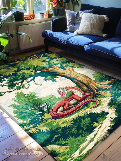 Enchanted Red Dragon Rug Mystical Forest Scene Fantasy Goblincore, Medieval Forestcore Home Accent Whimsical Mystic Creature Woodland Decor