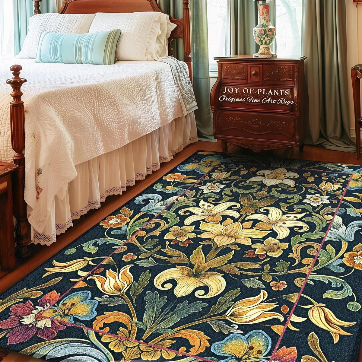 Rustic Farmhouse Floral Rug Country Cottage Charm | Soft Cottagecore Botanical Elegance Vintage Boho Flower Pattern Morris Style Home Decor