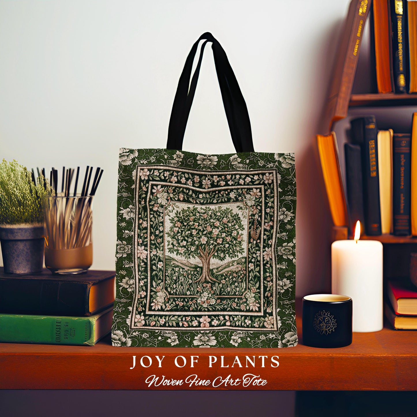 Enchanted Garden Folklore Tree Tote | Emerald Green Botanical Coquette Style Floral Forest Theme Woven Tapestry Bag Folklore Cottagecore |